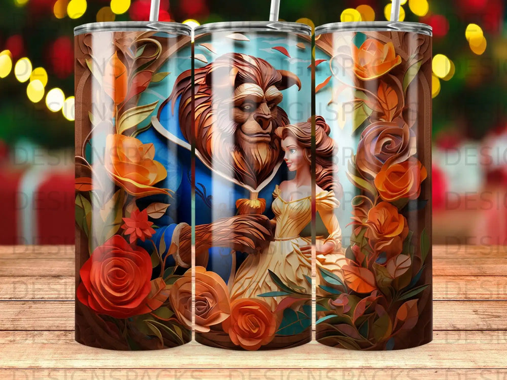 Beauty and the Beast characters Belle and Beast surrounded by roses.