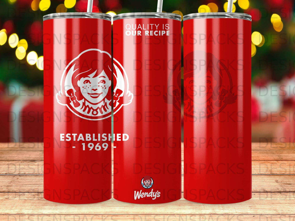 Wendy's logo and "Quality is Our Recipe" on a red tumbler.
