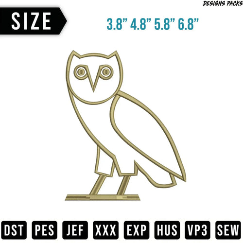 Embroidery design of an owl in outline, with size options and file formats listed.