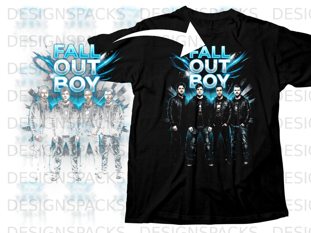 Black t-shirt featuring the band Fall Out Boy with glowing blue accents.