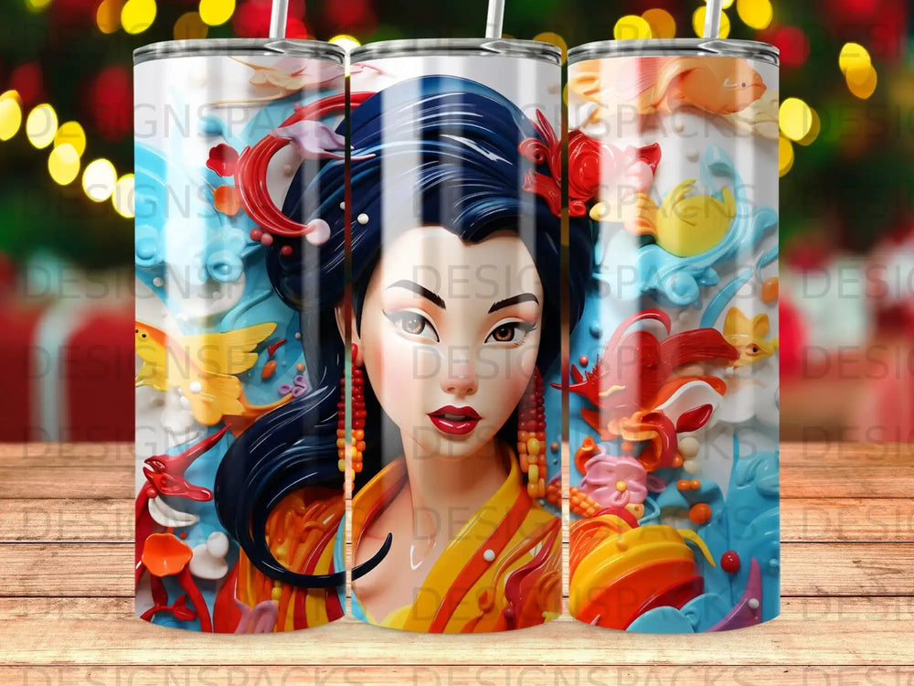 Geisha with ornate hairstyle and colorful kimono surrounded by vibrant coral and aquatic life.