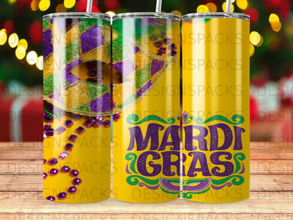 Tumbler with Mardi Gras colors, mask, and beads.