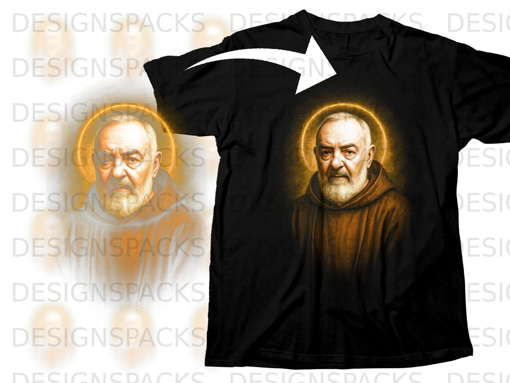 Black t-shirt with a portrait of Saint Padre Pio with a golden halo.