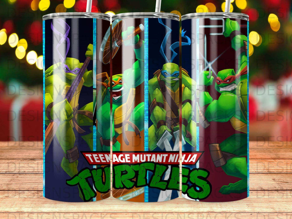 Teenage Mutant Ninja Turtles characters on a blue and white striped tumbler.