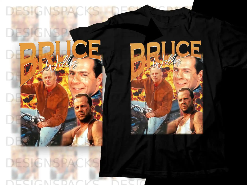 Bruce Willis in action poses on a black t-shirt graphic.