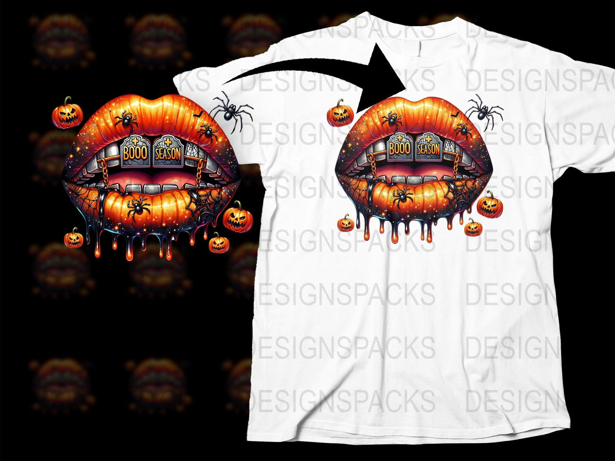 Halloween Boo Lip T-Shirt with Pumpkins and Spiders, Graphic Tee for Fall Season Events, Unisex