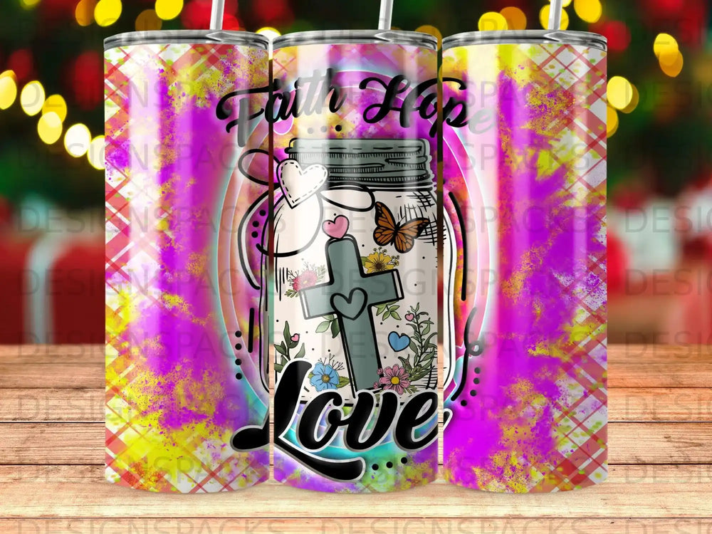 Mason jar with "Faith Hope Love" text, floral cross, and butterfly graphic.