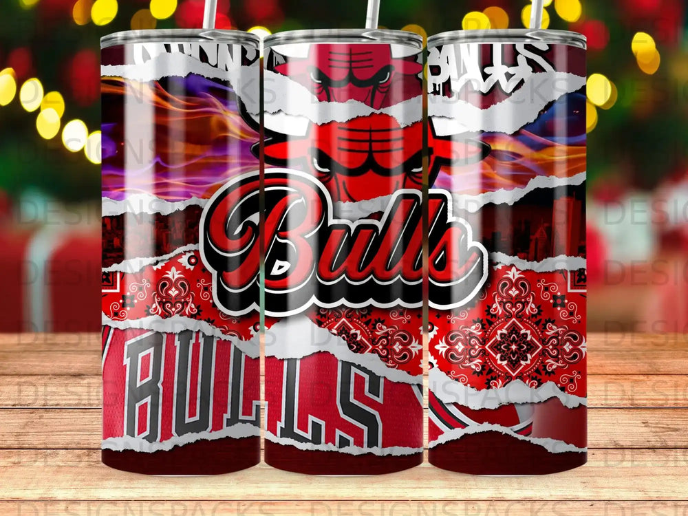 Chicago Bulls logo with bandana pattern on ripped paper texture.