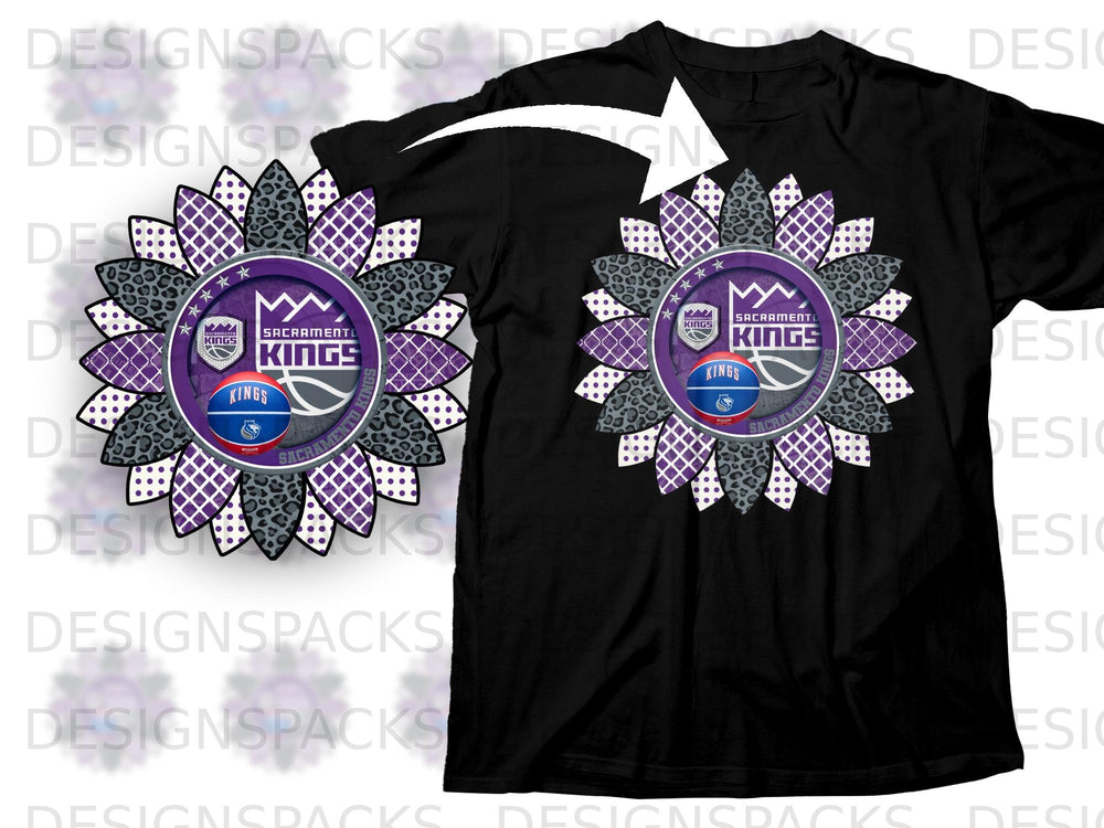 Sacramento Kings sunflower design on a black t-shirt.