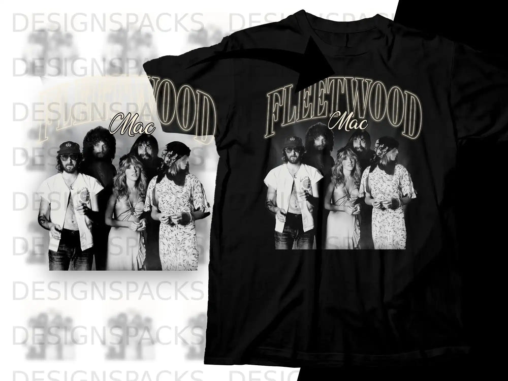 Black t-shirt featuring a vintage Fleetwood Mac band photo and logo.