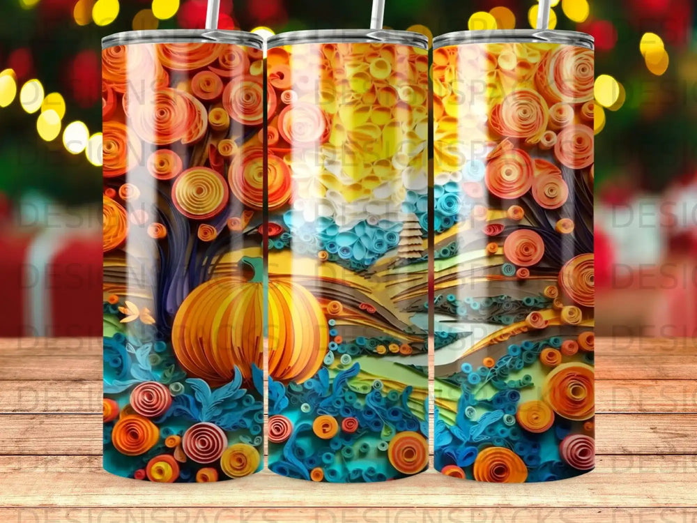 Pumpkin and fall foliage scene on a triptych tumbler.