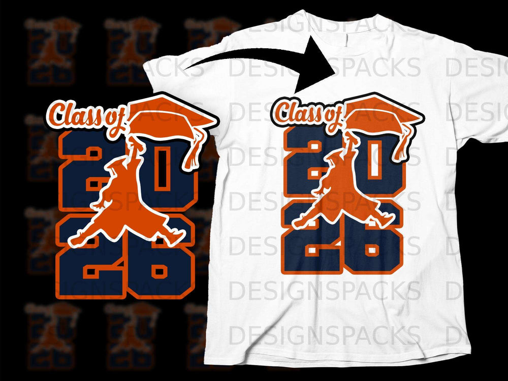 Class of 2026 graduation design with cap and silhouette on a white t-shirt.