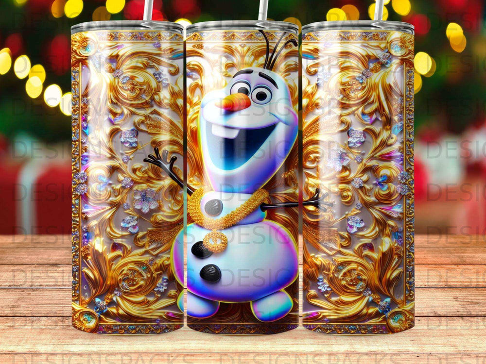Olaf the snowman wearing a gold chain on a patterned tumbler.