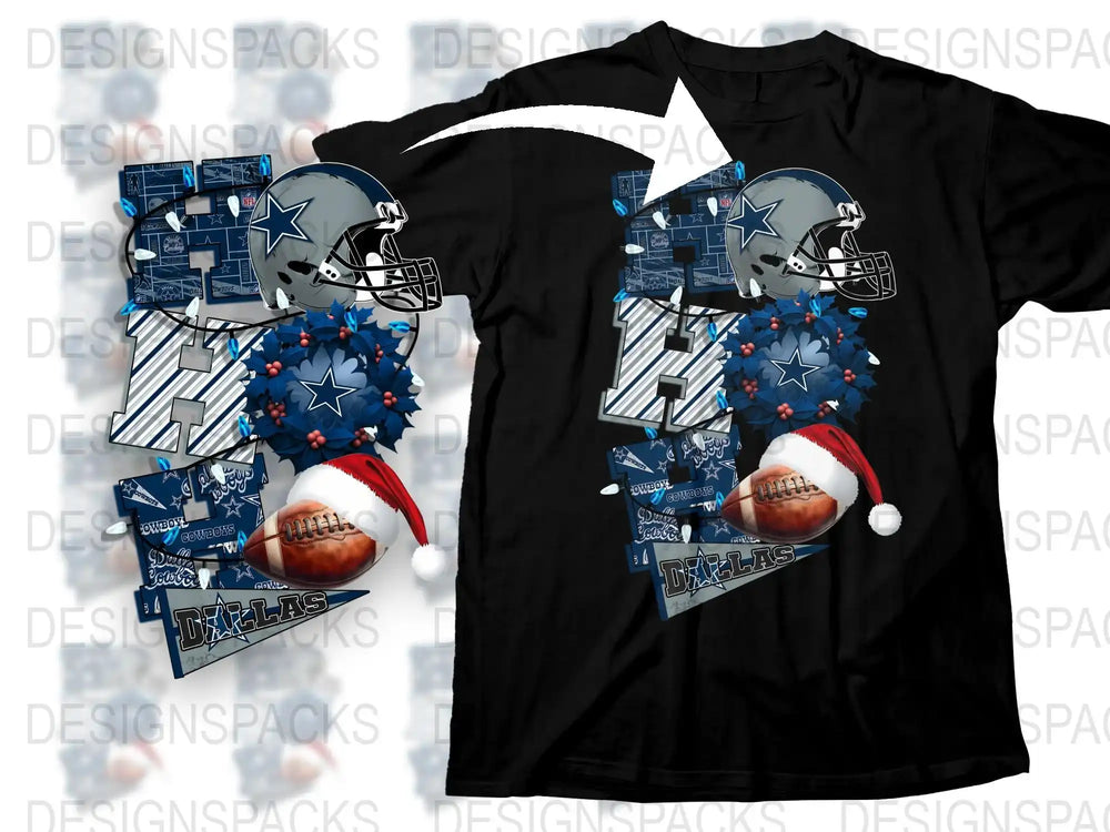 Dallas Football Team Themed T-Shirt with Santa Hat and Star Graphics, Holiday Sports Apparel