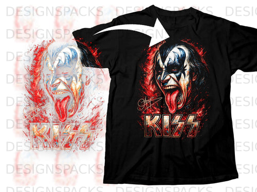 Black t-shirt featuring the KISS logo and Gene Simmons' face with his tongue out.