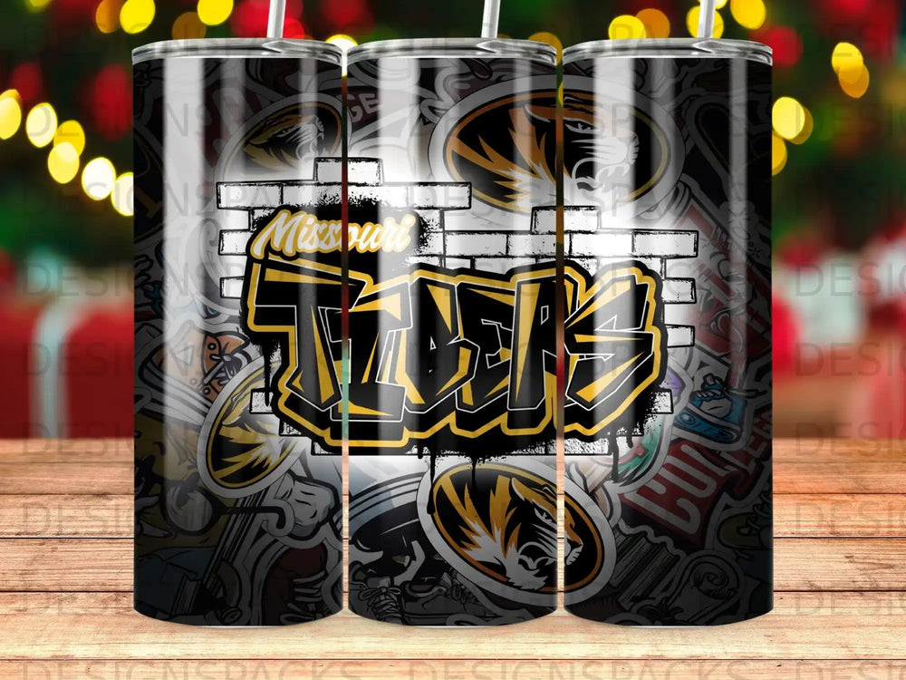 Missouri Tigers graffiti design on a black tumbler with white brick overlay.
