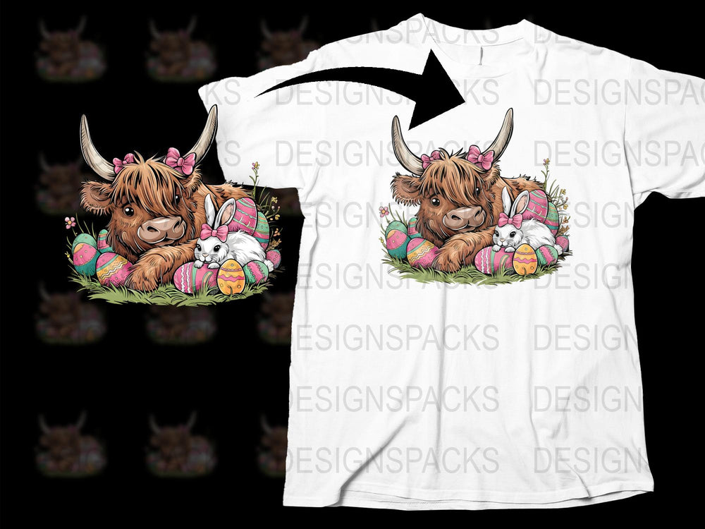 Cute Highland Cow Easter T-Shirt, Floral Spring Tee, Kids and Adults Sizes, Bunny and Eggs Design