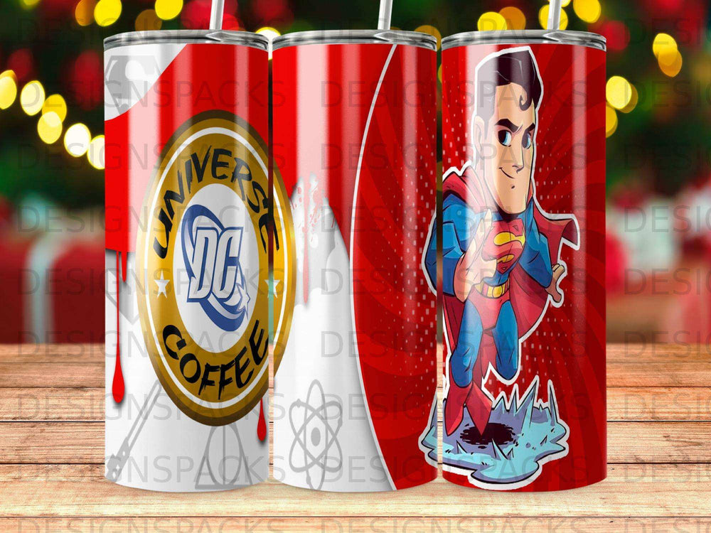 DC Comics Superman and DC Coffee logo on a red and white tumbler.