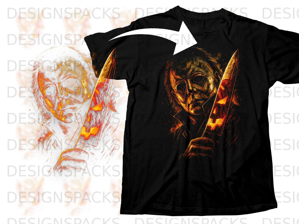 Black t-shirt with Michael Myers graphic and flaming knife.