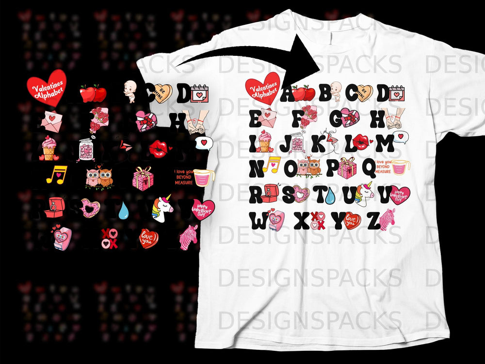 White t-shirt with Valentines Alphabet design featuring letters A-Z with related graphics.