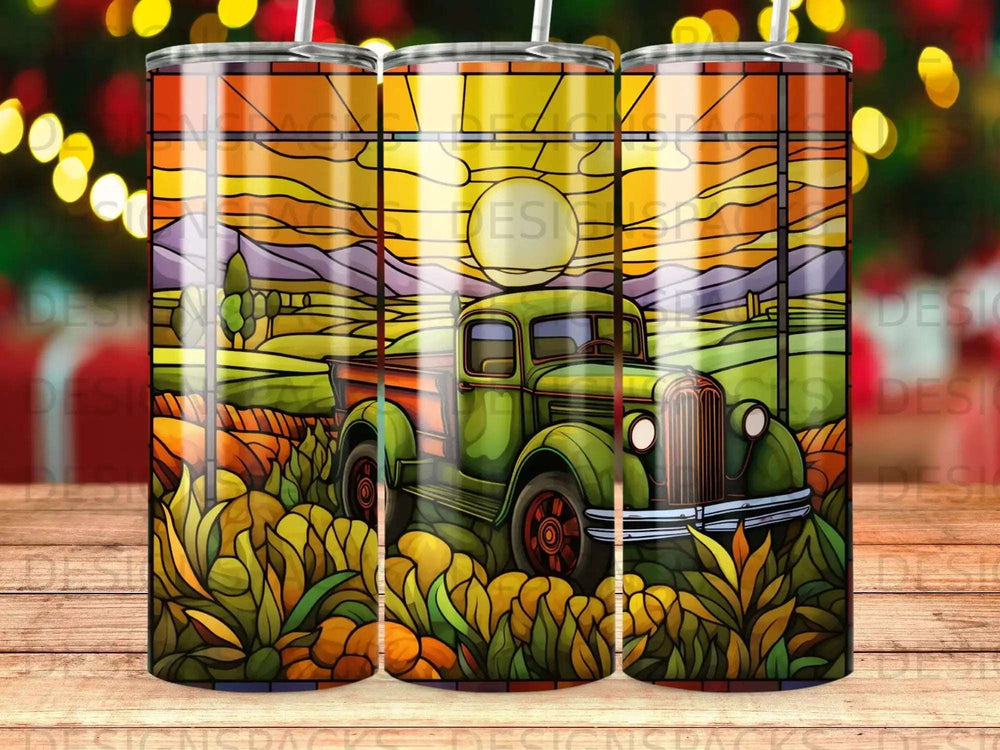 Green truck in a stained glass landscape with sun and mountains.