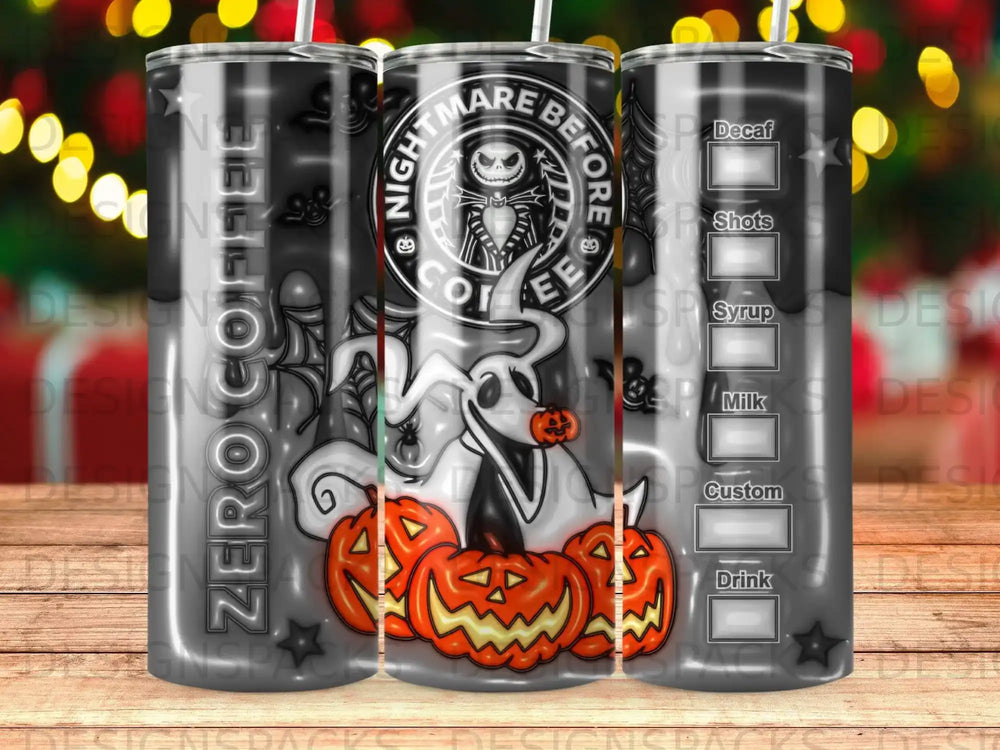 Zero Coffee tumbler with Halloween theme: ghost, pumpkins, and "Nightmare Before Coffee" text.
