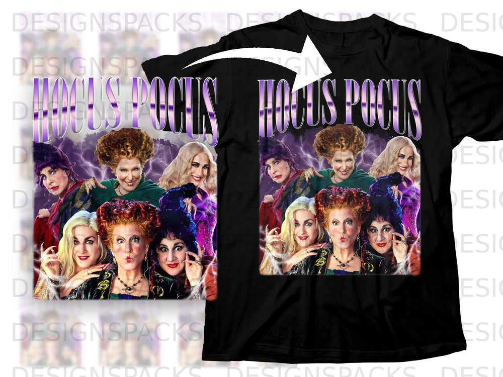 Black t-shirt with Hocus Pocus title and Sanderson sisters artwork.