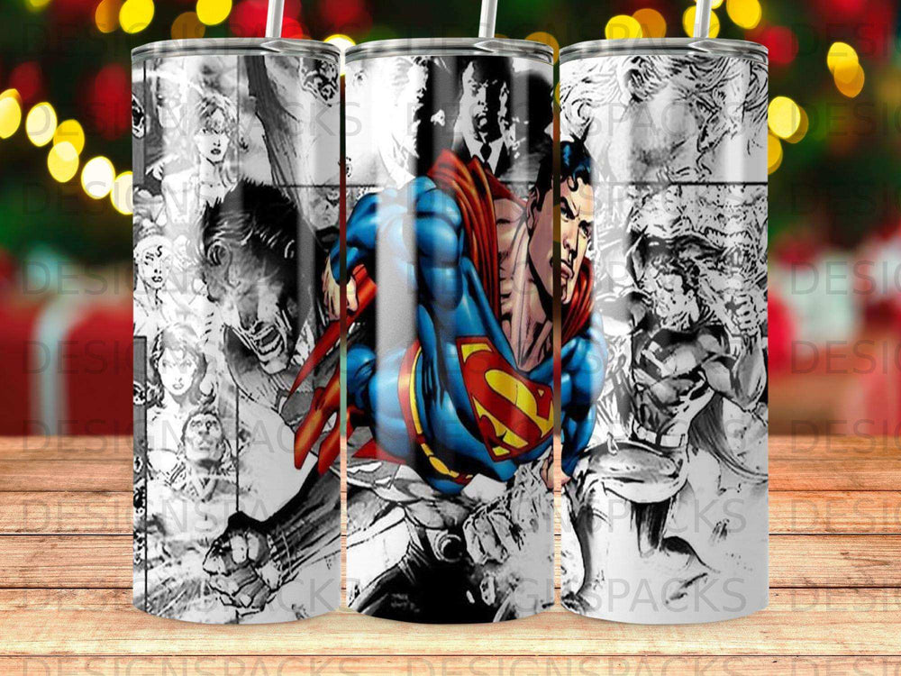 Superman in action on a tumbler with comic book panels.