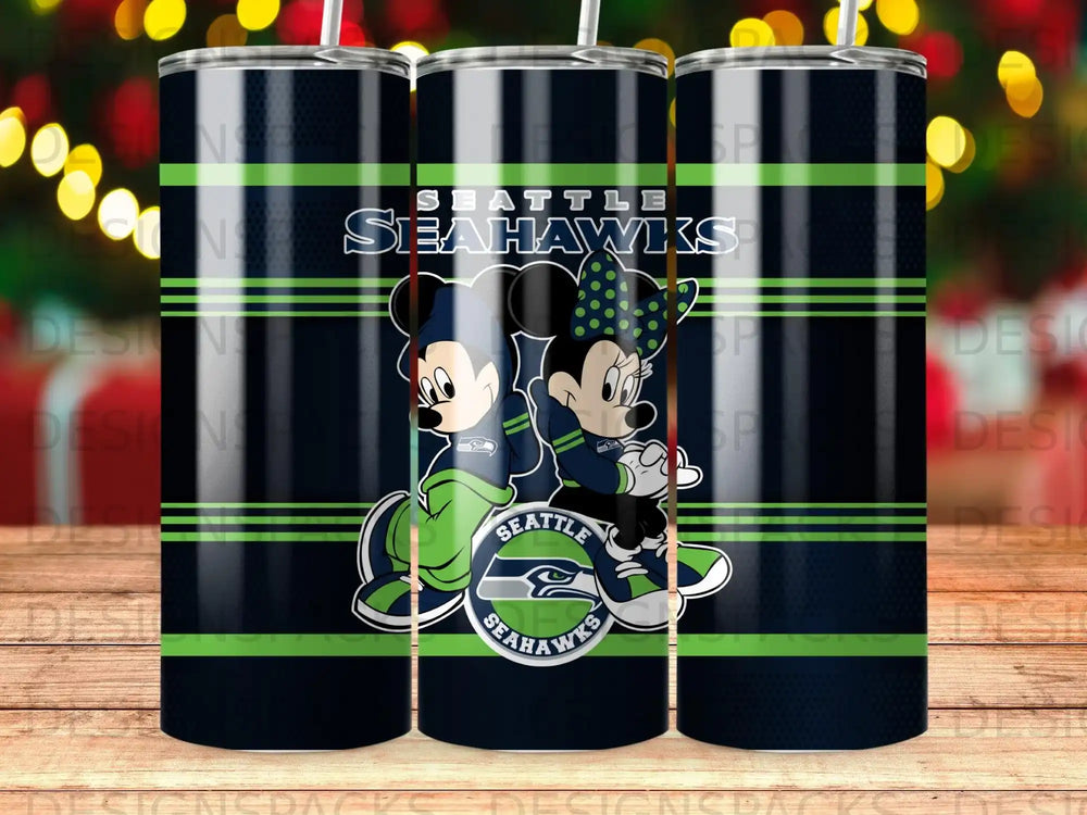 Mickey and Minnie Mouse in Seattle Seahawks uniforms with team logo.