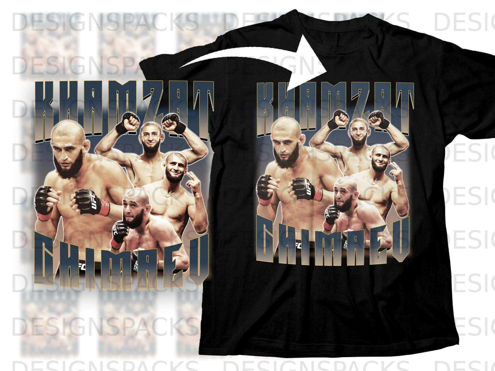 Black t-shirt featuring Khamzat Chimaev in a collage of fight poses.