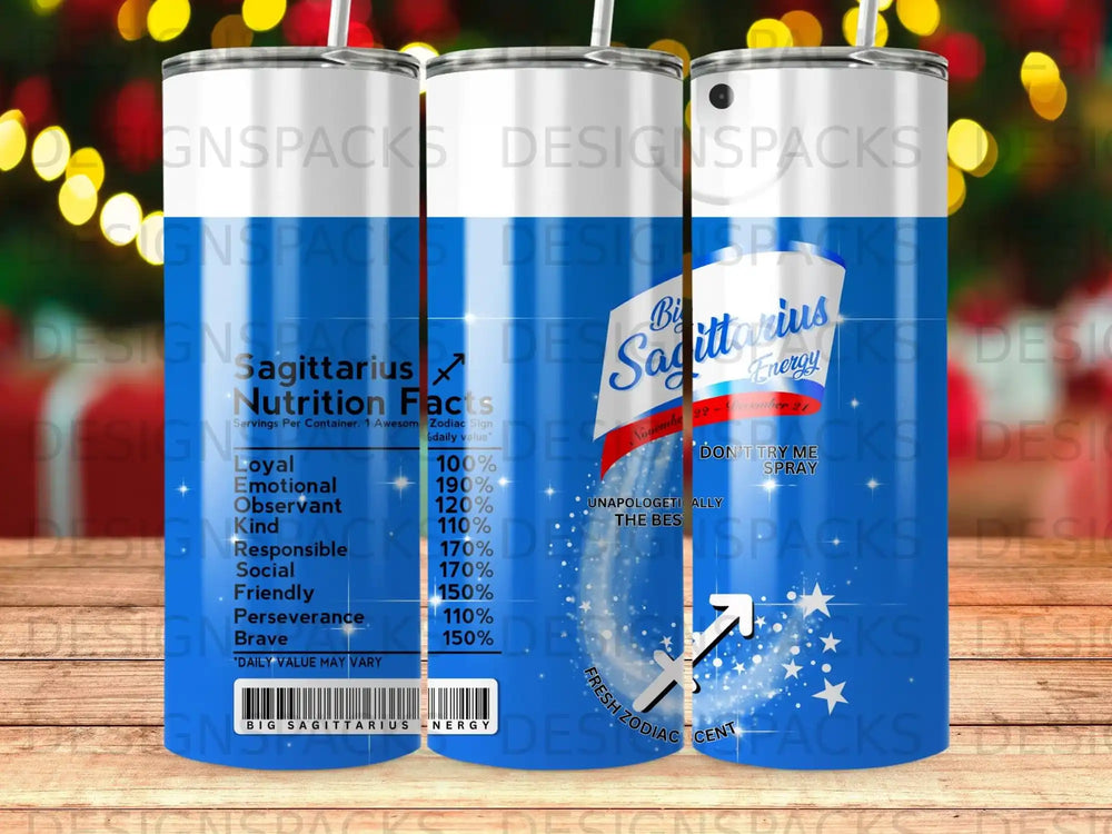 Tumbler with Sagittarius zodiac sign and nutrition facts label.