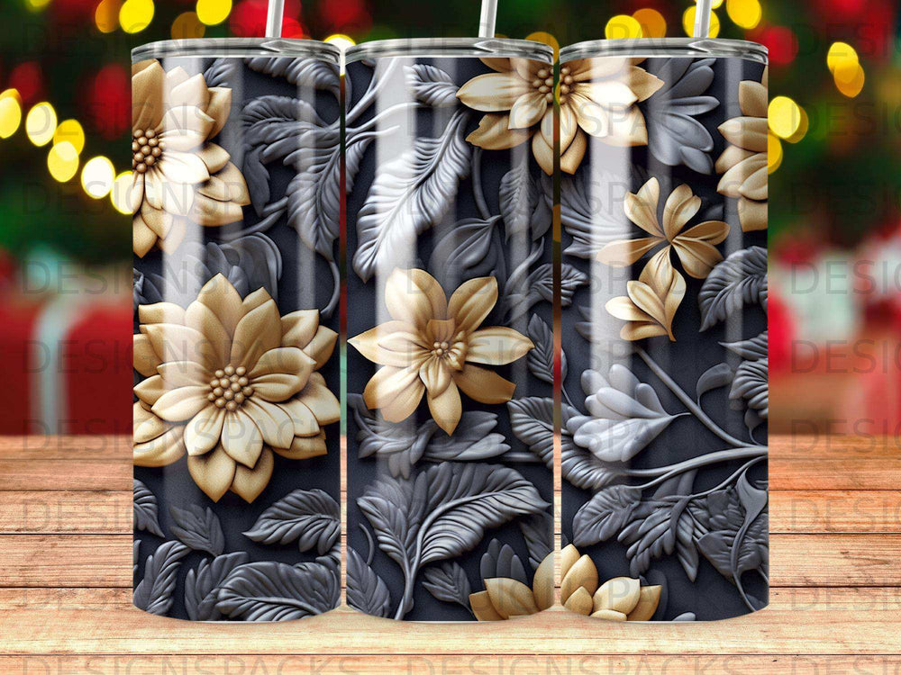 3D floral pattern tumbler with gold and silver embossed flowers.