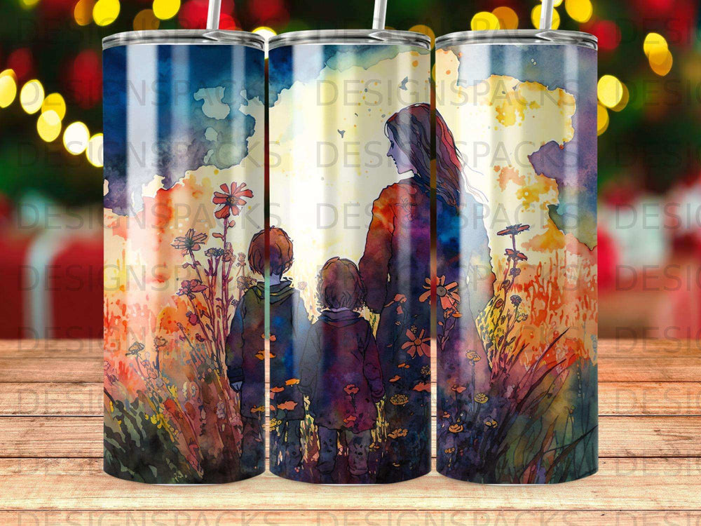 Watercolor illustration of a mother and two children watching a sunset in a meadow.