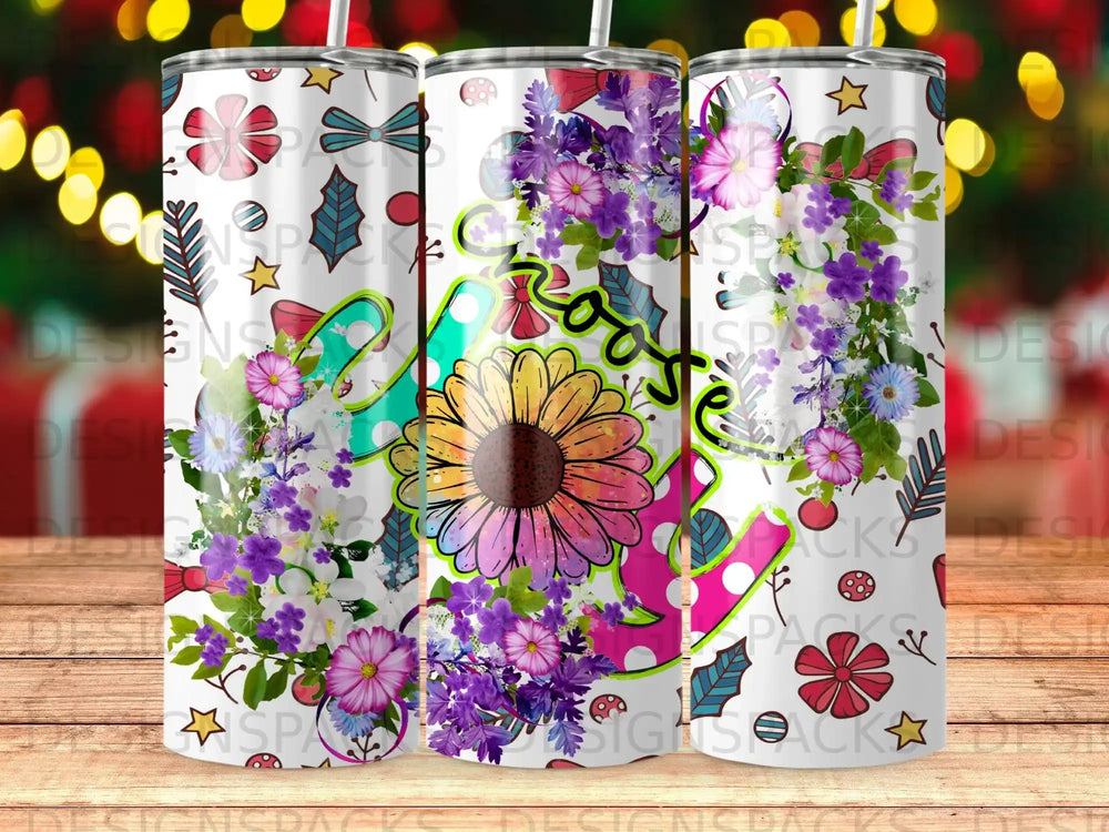 Tumbler with colorful floral and bow design, featuring a large sunflower.