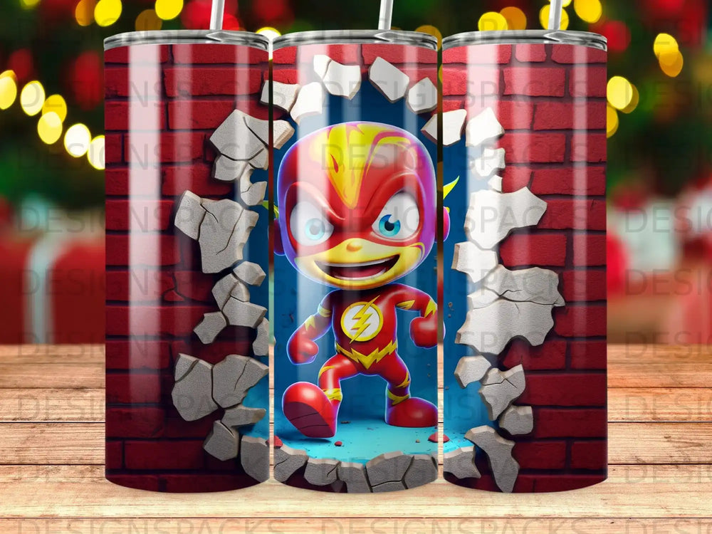 Cartoon Flash character bursting through a red brick wall.