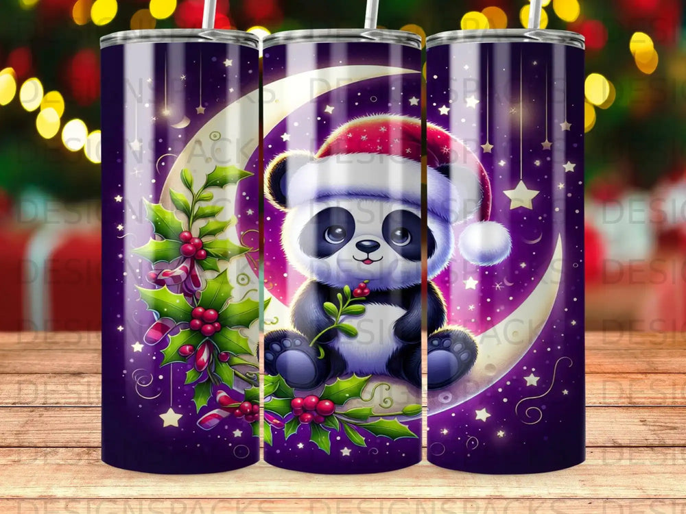 Panda in Santa hat on crescent moon with holly and stars.
