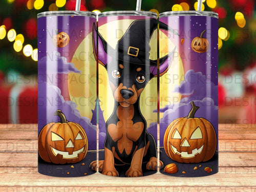 Black dog in witch hat with pumpkins and moon, Halloween theme.