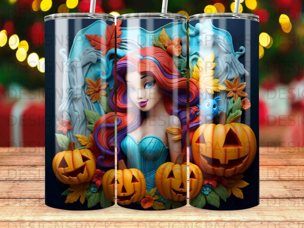 Ariel wearing a turquoise outfit with pumpkins and fall leaves.