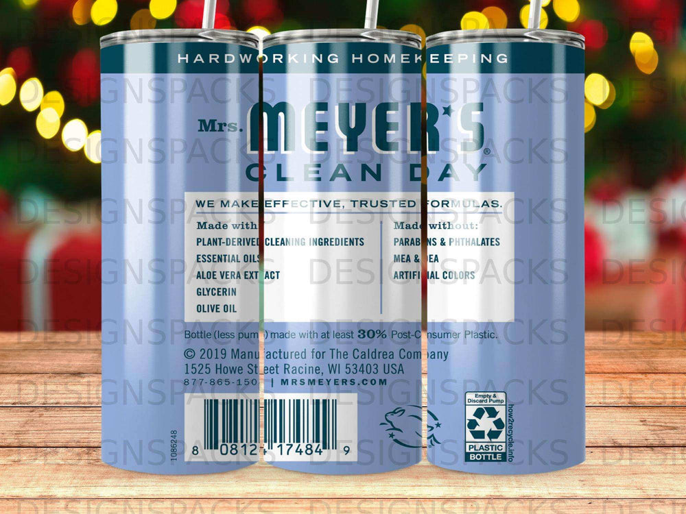 Mrs. Meyer's Clean Day bottle with scent details and ingredients list.