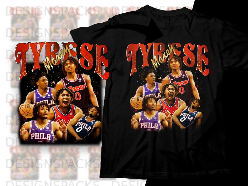 Philadelphia 76ers player Tyrese Maxey on a black t-shirt.