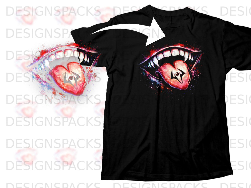 Black t-shirt with a graphic of a mouth with fangs and a heart-shaped tongue.