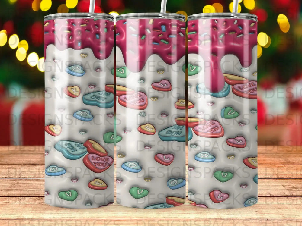 Three tumblers with a pink frosting and candy heart design.