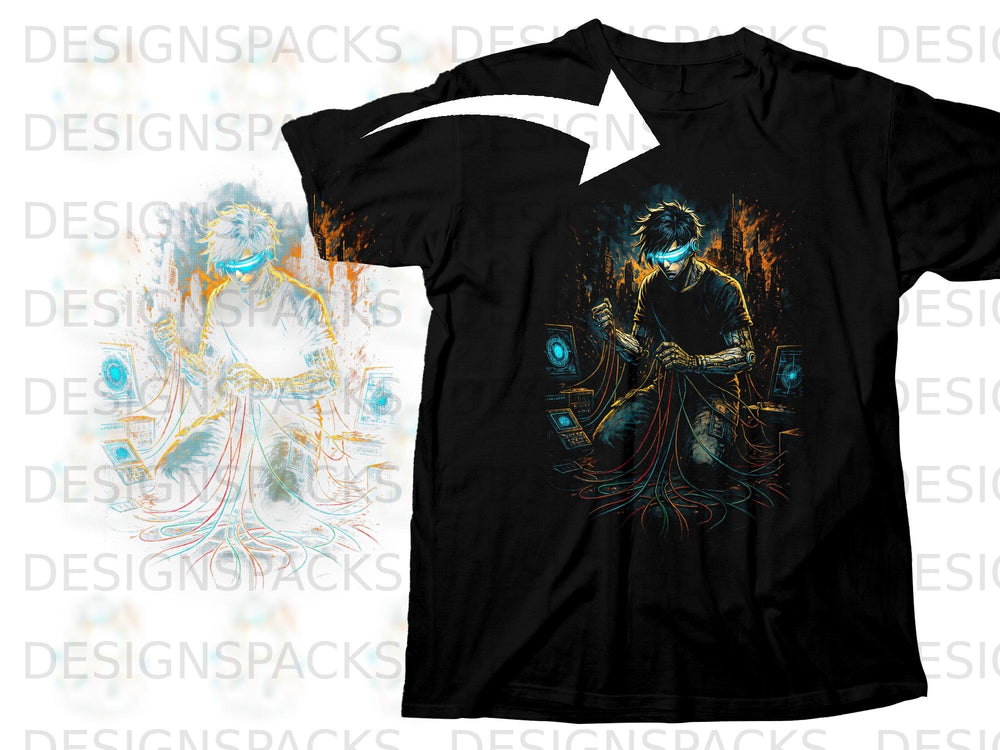 Black t-shirt with a cybernetic anime character graphic and circuitry design.