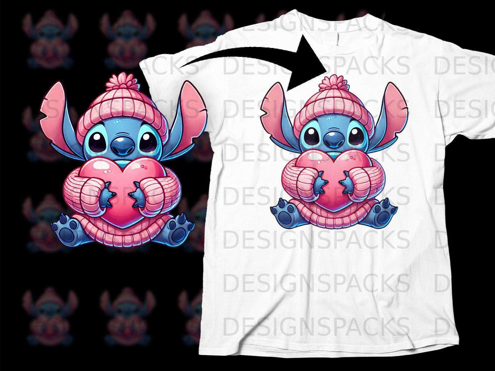 Cute Blue Creature with Pink Heart Graphic T-Shirt