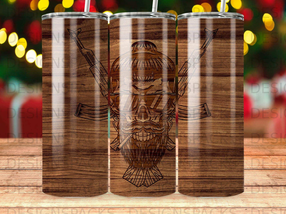 Wood grain background with skull, bandana, cigar, and crossed rifles design.