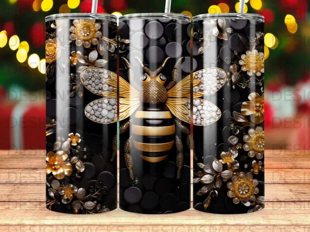 Bee with floral accents on a dark, textured background.