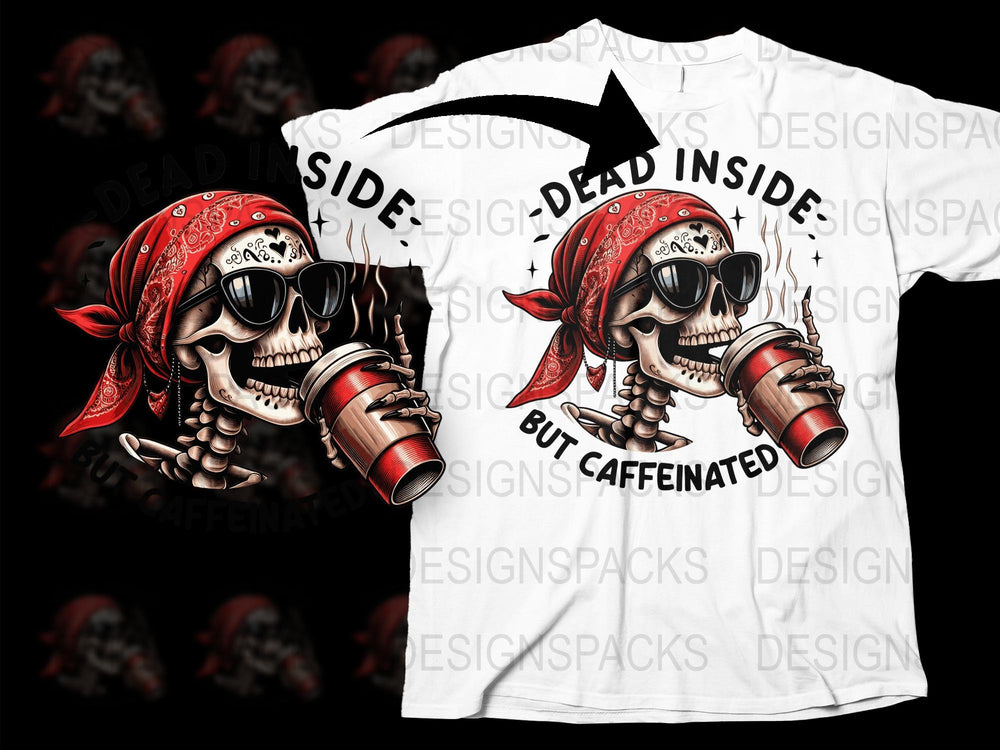 Dead Inside But Caffeinated Skull T-Shirt, Gothic Coffee Lover Tee, Red Bandana Skull Design, Unique Graphic Shirt for Men and Women