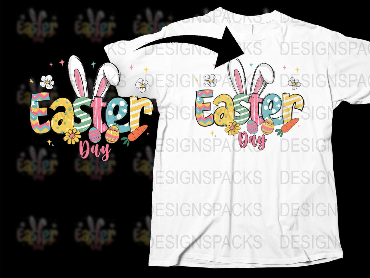 Easter Day T-Shirt with Colorful Bunny Ears and Eggs Design, Spring Holiday Apparel for All Ages