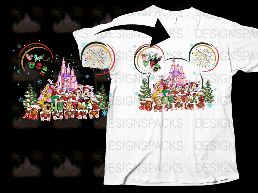 Christmas Castle T-Shirt, Festive Holiday Tee, Family Matching Outfits, Snowy Scene, Firework Graphic, Kids and Adults Sizes