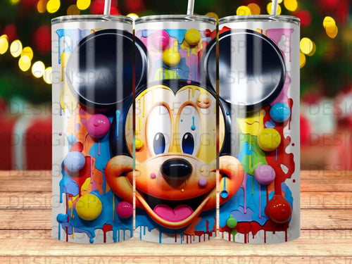 Mickey Mouse face with colorful dripping paint and bubbles.